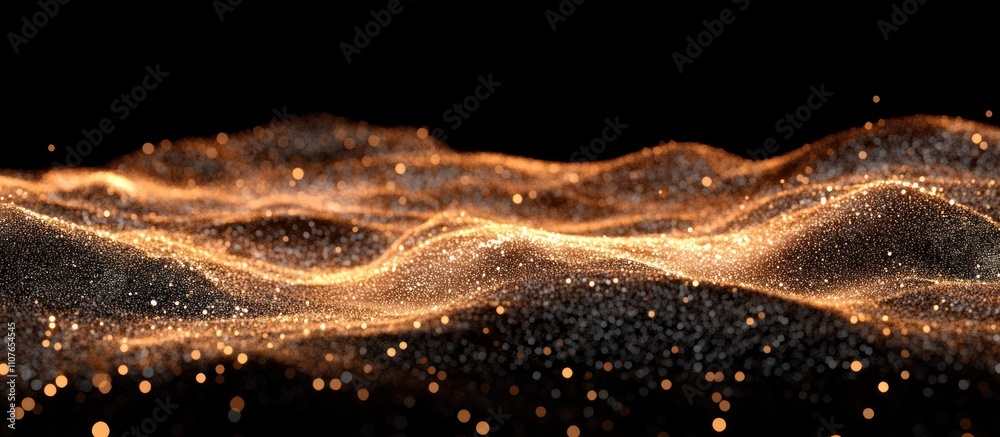 Fototapeta premium Abstract visualization of shimmering waves of light and particles against a dark background.