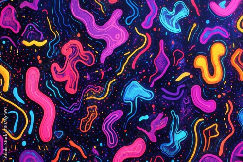 Retro 80s-inspired pattern with neon shapes and squiggles wave background