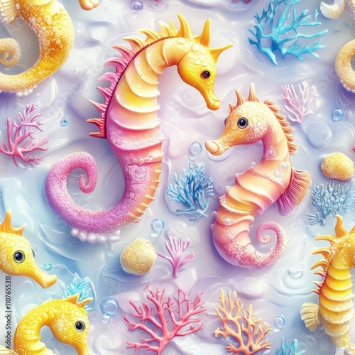 Seamless 3D high-definition cartoon seahorse animals and coral patterns