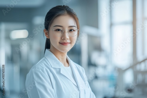 Confident female Chinese lab engineer in modern laboratory setting photo