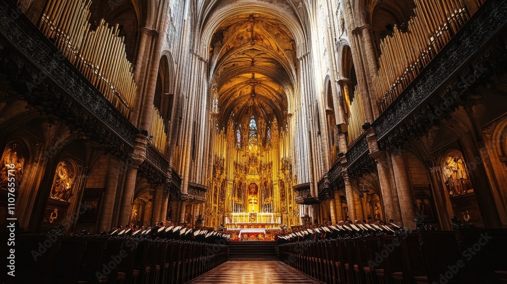 Fototapeta premium A grand cathedral filled with the sound of a choir's hymn, showcasing the role of music as a pillar of worship traditions
