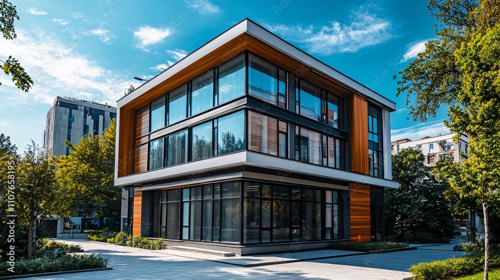 Fototapeta premium Image of a small office building with emphasis on modern design, efficient space utilization, and professional aesthetics for business use