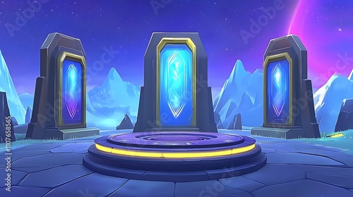 Futuristic fantasy portal scene with glowing crystals and icy mountains. photo