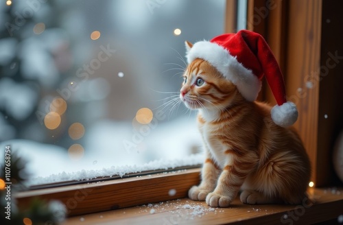 Cute adorable ginger kitten wearing a Santa hat