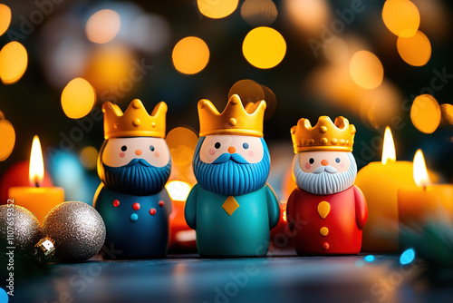 Decorative figurines of three kings celebrating Three Kings Day with candles and holiday lights