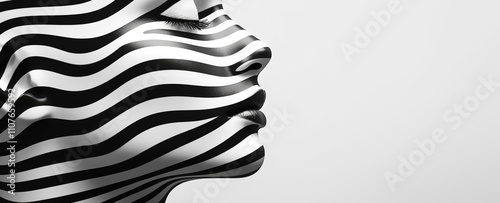 A black and white portrait a female profile face with zebra-like stripes wrapping around the features against a white background. A surreal blend of human form and geometric pattern. Generative AI.