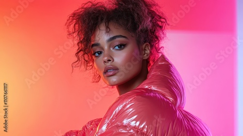 This portrait features a woman striking a pose with stylish outerwear in vibrant hues, embodying artistic fashion and capturing the essence of vibrant style. photo