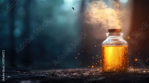 A mystical glass bottle containing a glowing golden liquid emits an enchanting trail of smoke in an atmospheric forest, suggesting magic and mystery. photo