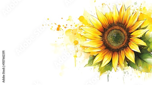 Watercolor sunflower with yellow splashes on white.