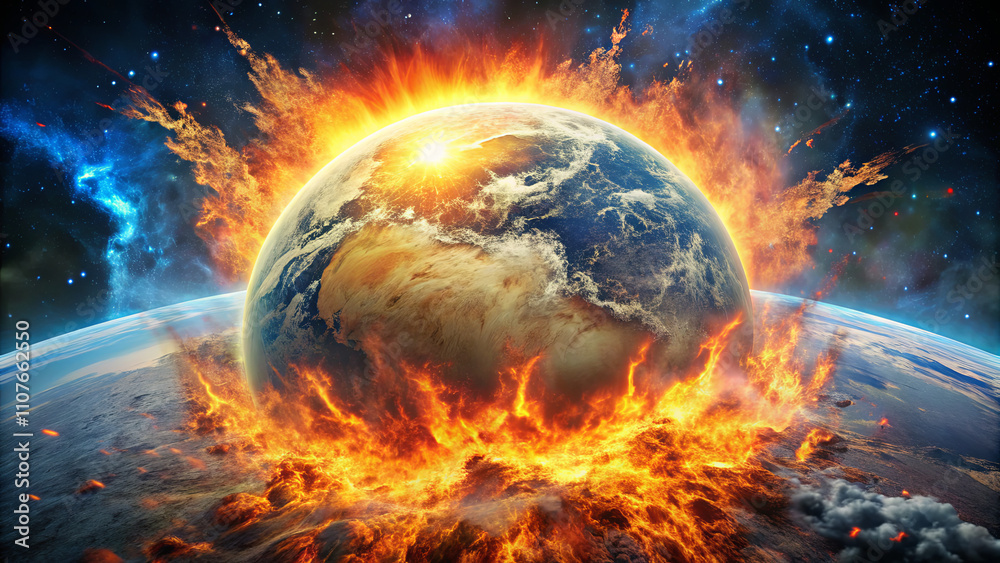Fototapeta premium A fiery portrayal of Earth engulfed in flames, surrounded by a cosmic backdrop. The sun's rays illuminate the scene, creating an intense atmosphere of chaos and destruction