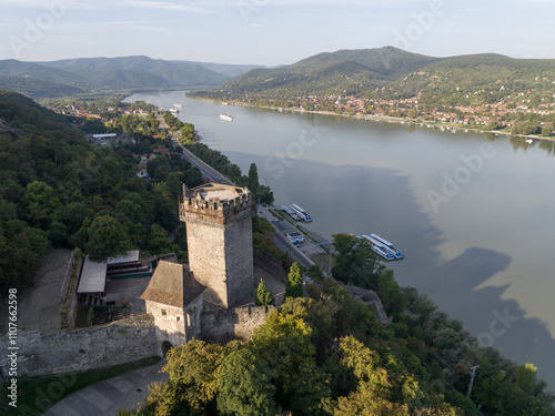 Aerial view of the Dunaj River and the ancient city of Vysehrad in Hungary photo