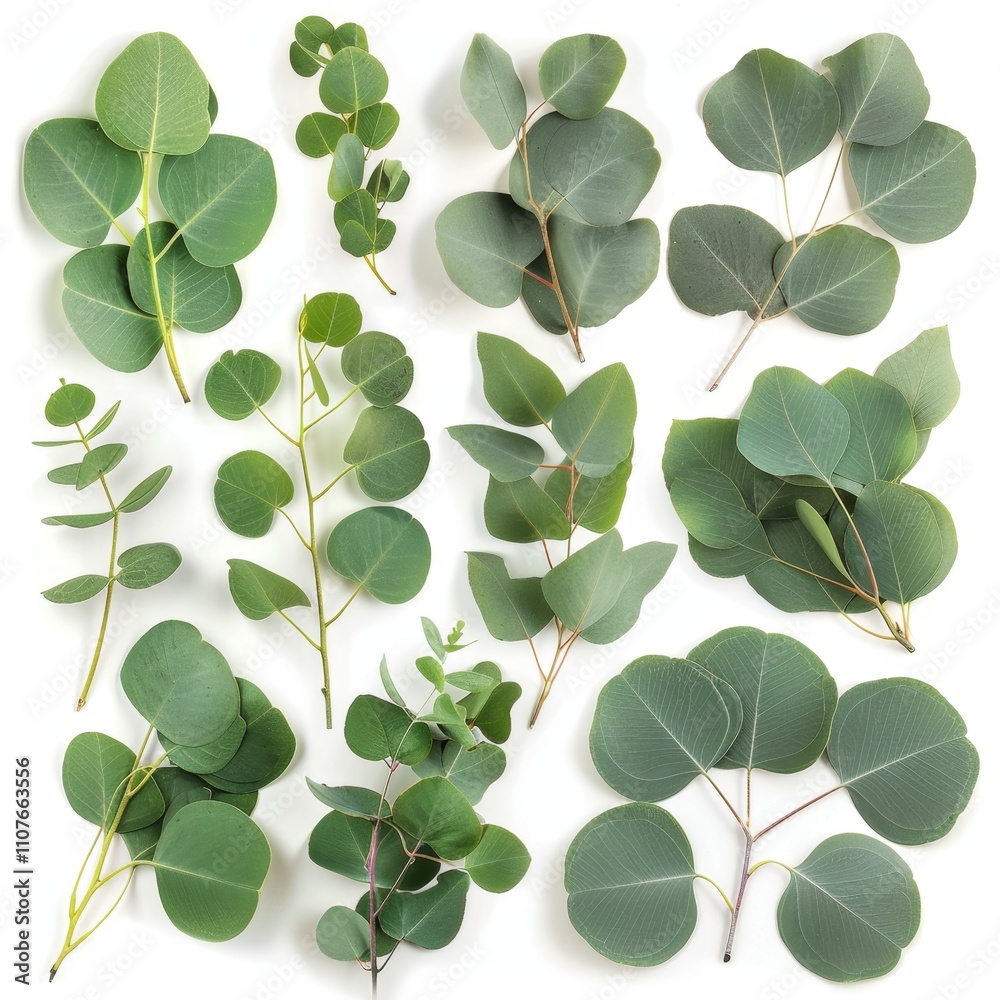 Obraz premium Fresh eucalyptus leaves set isolated, eucalyptus twigs, leaf, branches collection, decorative foliage