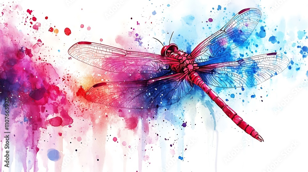 Fototapeta premium Watercolor dragonfly with vibrant pink, blue, and purple hues.