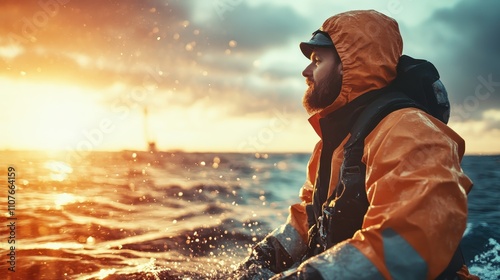 A determined mariner in protective orange rain gear navigates through rough, stormy seas, illustrating perseverance and courage against powerful natural elements. photo