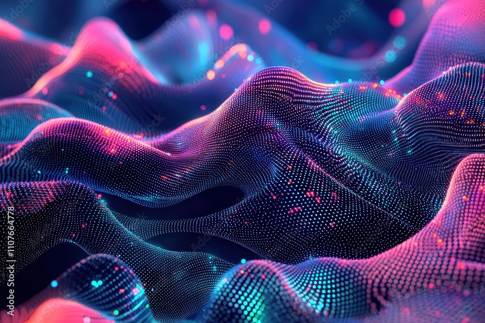 Fototapeta premium A vibrant, abstract landscape of glowing waves and particles, showcasing a blend of blue, pink, and purple hues, resembling digital art or visualizations.