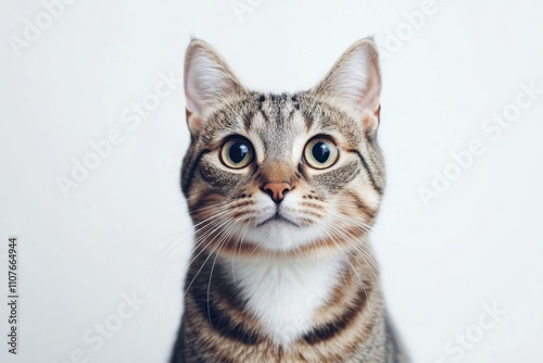 Classic tabby house cat, looking directly at the camera. Positioned on a simple white background