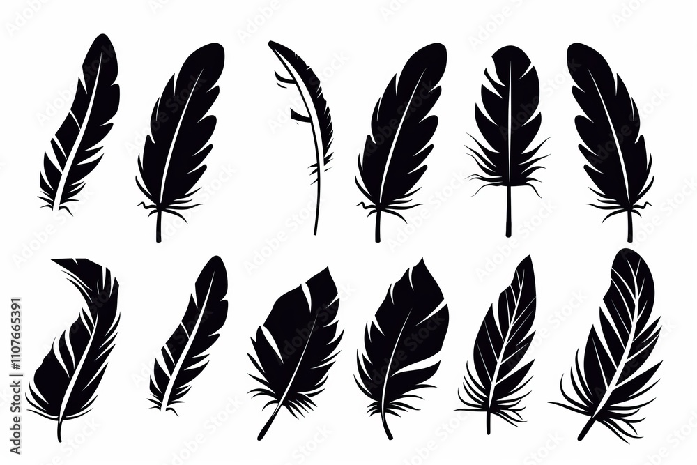 Obraz premium Feather icon, animal feathers isolated, black plume symbol, minimal plume silhouette on white