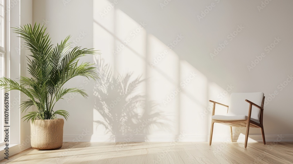 A bright, minimalist room featuring a chair and a lush potted plant, illuminated by natural light casting soft shadows on the floor. A bright, minimalist room featuring a chair and a lush potted plant, illuminated by natural light casting soft shadows on the floor.