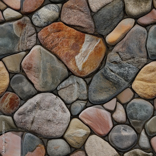 Seamless pattern of a detailed close-up of a textured stone wall composed of irregularly shaped rocks.