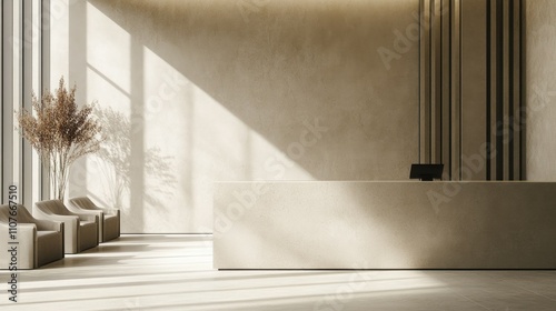 A minimalist modern counter with sleek surfaces and neutral tones, perfect for showcasing modern interior design concept