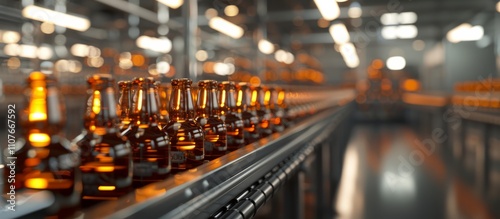 Production of brewing and bottling craft beer at a beer production plant. Conveyor with beer bottles.	
