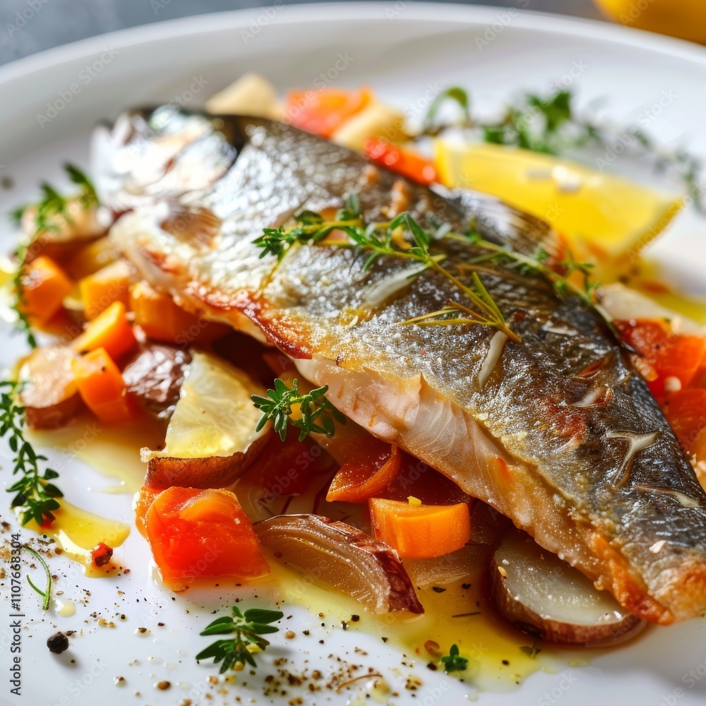 Whole Baked Rainbow Trout, Fried Trout Fish on a Vegetable Pillow with Creamy Caviar Sauce Whole Baked Rainbow Trout, Fried Trout Fish on a Vegetable Pillow with Creamy Caviar Sauce