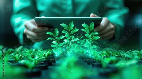 A person using a tablet in a greenhouse, surrounded by lush green plants, highlighting modern technology's role in agriculture and gardening.