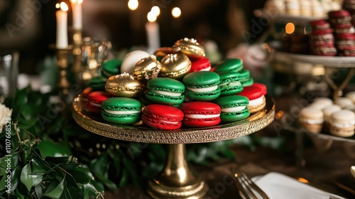 Close-up of colorful macarons in green, red, and gold, elegantly arranged on a stylish table for a celebration or dessert treat