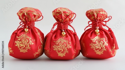 Chinese red money bags with traditional gold accents, perfect for a lucky and festive business promotion or holiday decoration