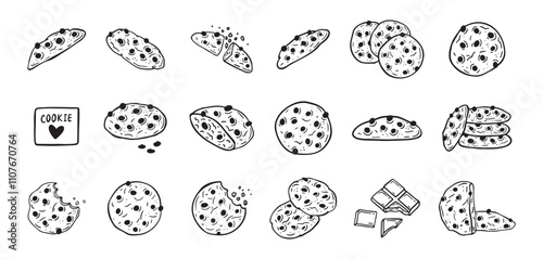 Chocolate chips cookie hand drawn doodle icon set. Drawing black and white sketch biscuit. Chocolate biscuit collection.