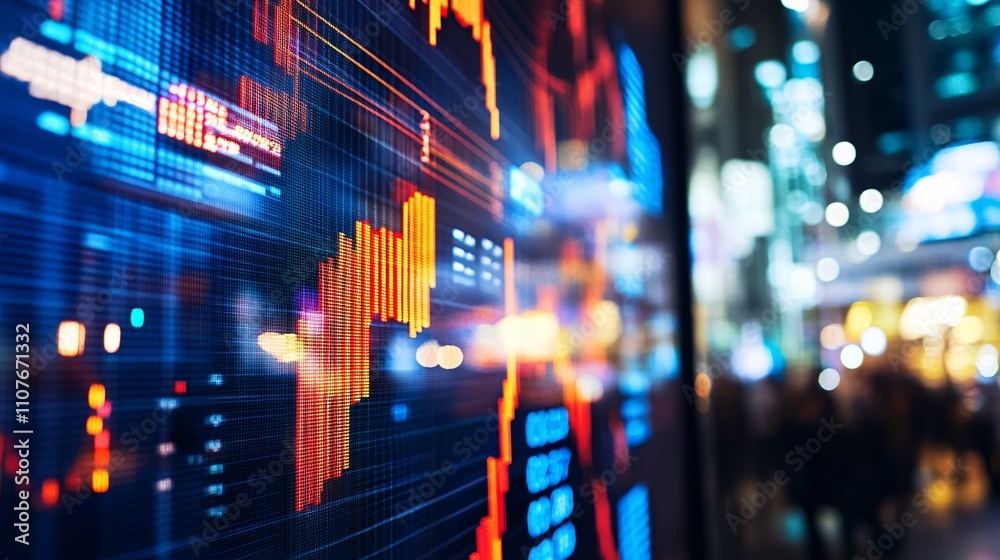 High-tech trading screens displaying live stock market updates and financial news in a bustling trading environment High-tech trading screens displaying live stock market updates and financial news in a bustling trading environment
