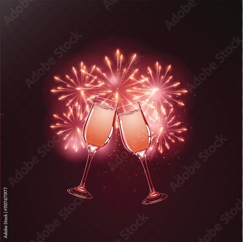 Fireworks light effect and champagne or white wine glasses, isolated on a transparent background. Vector illustration of a red New Year salute sparkle with wineglasses filled with golden fizzy drinks