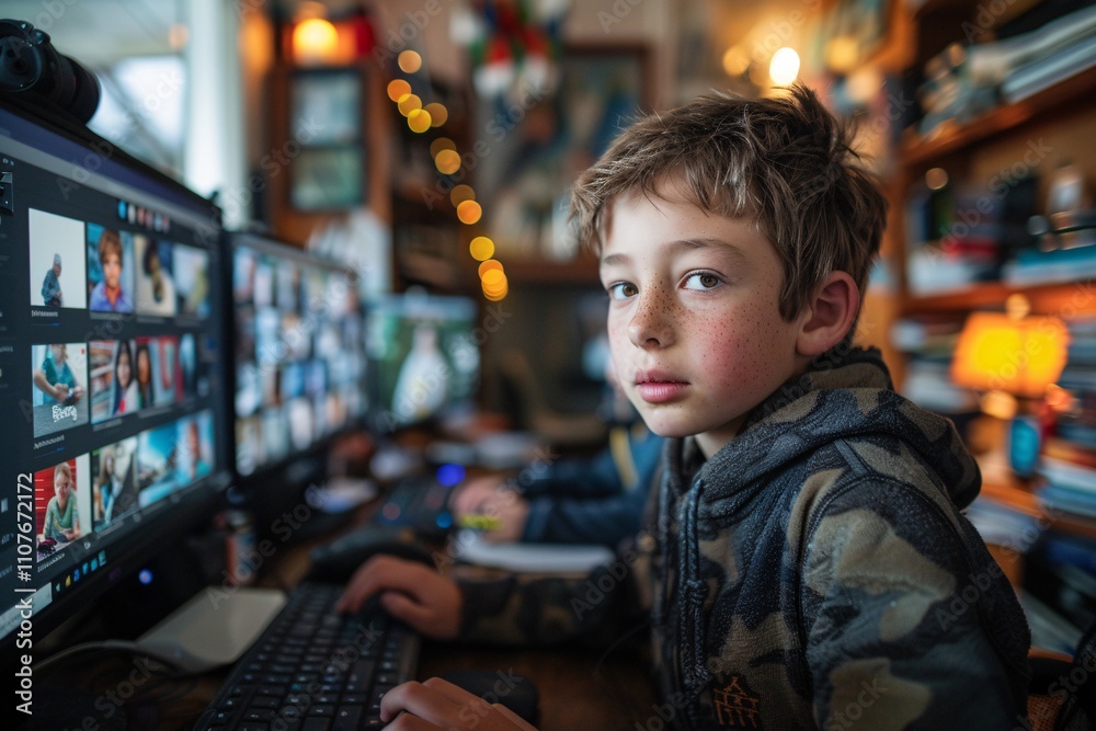 Fototapeta premium A boy sits at a cluttered desk, intently working on a computer. Surrounding him are shelves filled with books and warm lighting, creating a cozy atmosphere