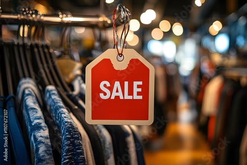 Tag with word 'SALE' hanging in retail store against blurred background of clothes and lights, signifying retail sales, discounts and promotions in a stylish shopping environment. photo