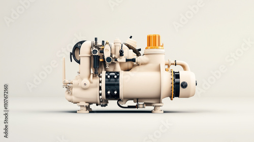 Detailed view of a complex mechanical industrial pump with metal pipes and connectors on a plain background