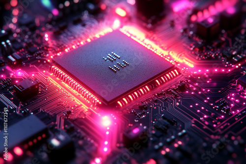 A detailed macro shot of a microchip embedded on a circuit board, showcasing the intricate connections and metallic textures.