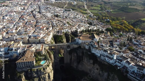 Video of city Ronda and bridge Puente Nuevo, Andalusia region in Spain, drone video