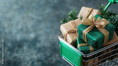 Festive shopping cart filled with beautifully wrapped holiday gifts, perfect for seasonal promotions and celebrations. photo