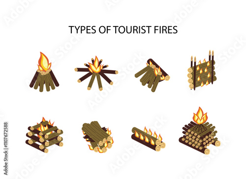 Different types of tourist fires hut, star, hunting, fence, well, taiga, Nodya, pyramid. Colored vector flat illustration