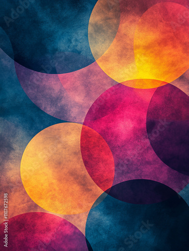 A geometric abstract background with overlapping translucent shape of circles in pastel shades of teal, pink, and yellow.