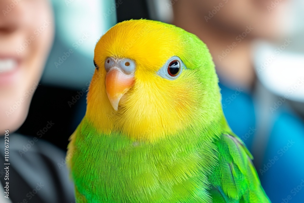 Obraz premium A couple with a parrot in a secure cage sitting in a car, ready to go. Generative AI