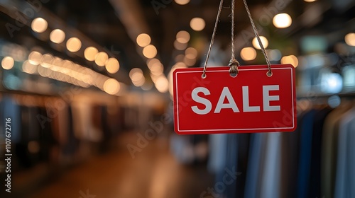 Tag with word 'SALE' hanging in retail store against blurred background of clothes and lights, signifying retail sales, discounts and promotions in a stylish shopping environment. photo