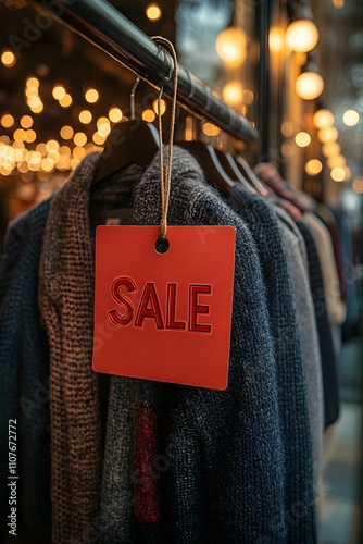 Tag with word 'SALE' hanging in retail store against blurred background of clothes and lights, signifying retail sales, discounts and promotions in a stylish shopping environment. photo