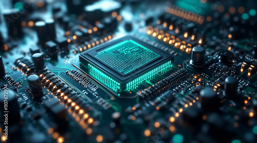 An abstract visualization of a modern chipset, with a glowing central processor unit radiating vibrant neon lines in shades of green and cyan.