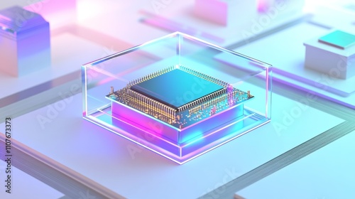 A 3D rendering of a white circuit board with a blank space on the CPU for text or a banner focused on industrial innovation and technology.