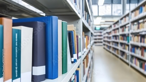 A library aisle filled with colorful books on shelves, promoting knowledge and learning. photo