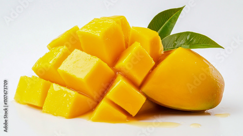 Vividly detailed ripe mango with vibrant yellow-orange hues, placed against a clean white background photo