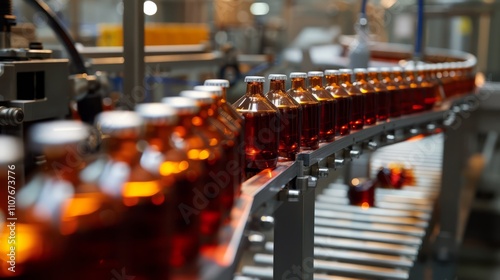 Production of brewing and bottling craft beer at a beer production plant. Conveyor with beer bottles.	
