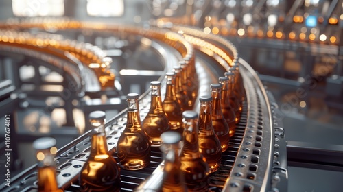 Production of brewing and bottling craft beer at a beer production plant. Conveyor with beer bottles.	
