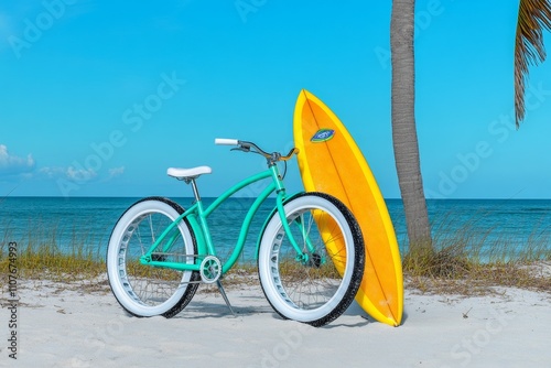 A beach cruiser bicycle with white tires parked on the sand, with a colorful surfboard resting against it